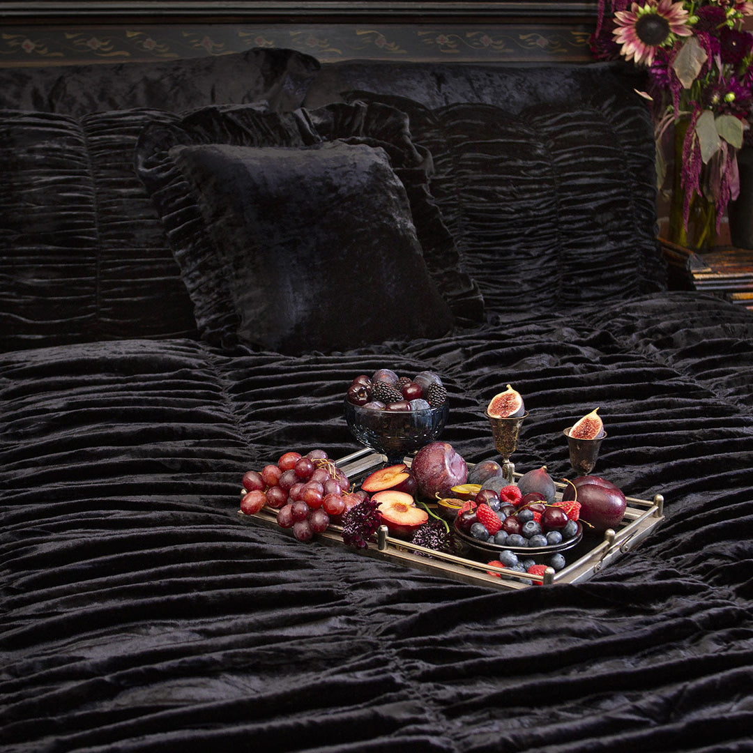 Romantic black velvet bedding. Sin in Linen's black scalloped duvet cover.