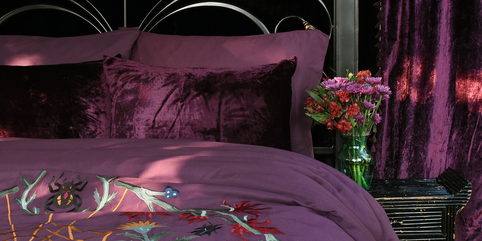 Sin in Linen's Forest Witch Duvet Cover with purple velvet decor accents.