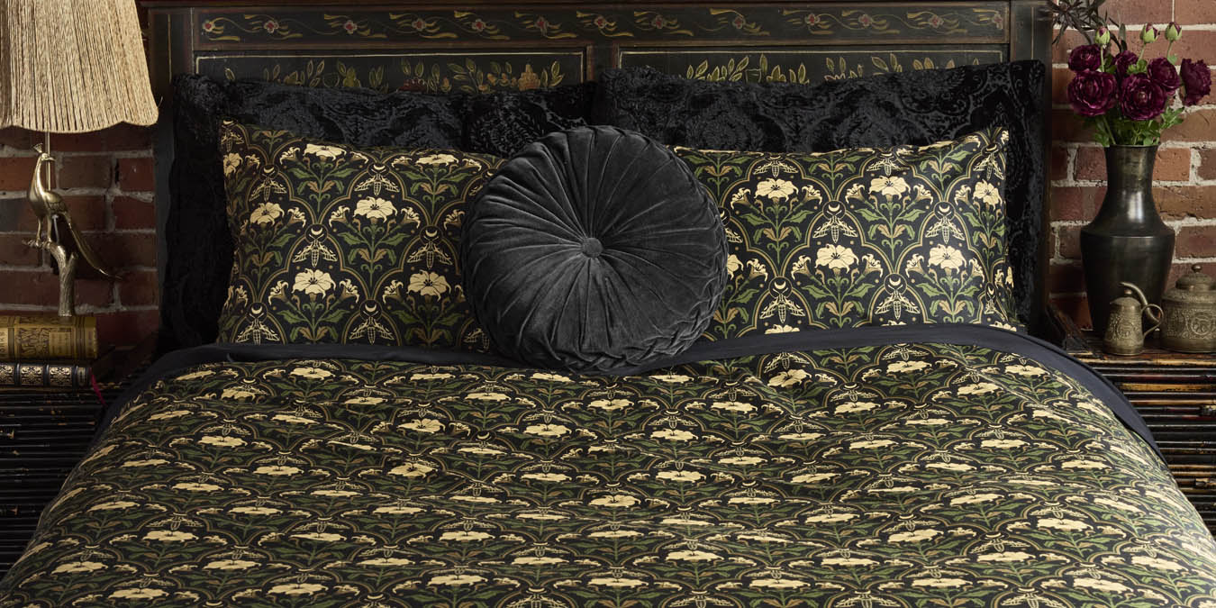 Sin in Linen's Datura Deco Bedding collection inspired by Art Nouveau wallpaper and datura blooms for gothic botanical spaces.