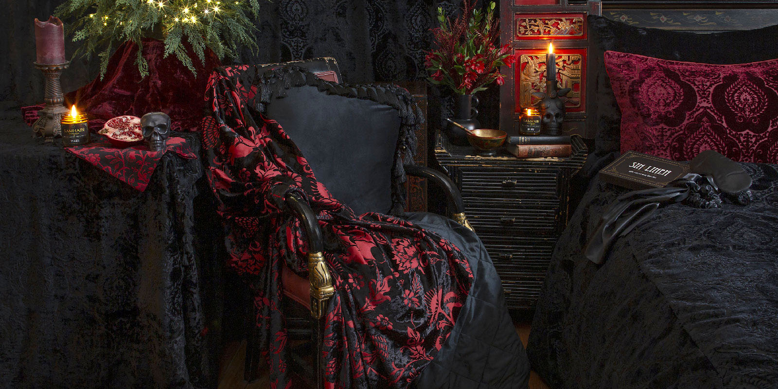 An array of Sin in Linen's gothic bedding and decor offerings.