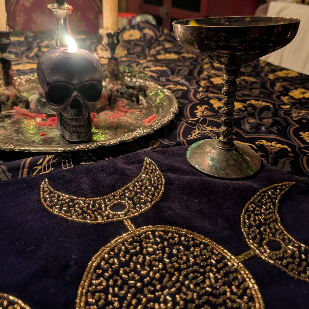 Beaded altar cloth featuring a moon phase design. Coordinates with Sin in Linen's Moon Phase collection and witchy decor items. 