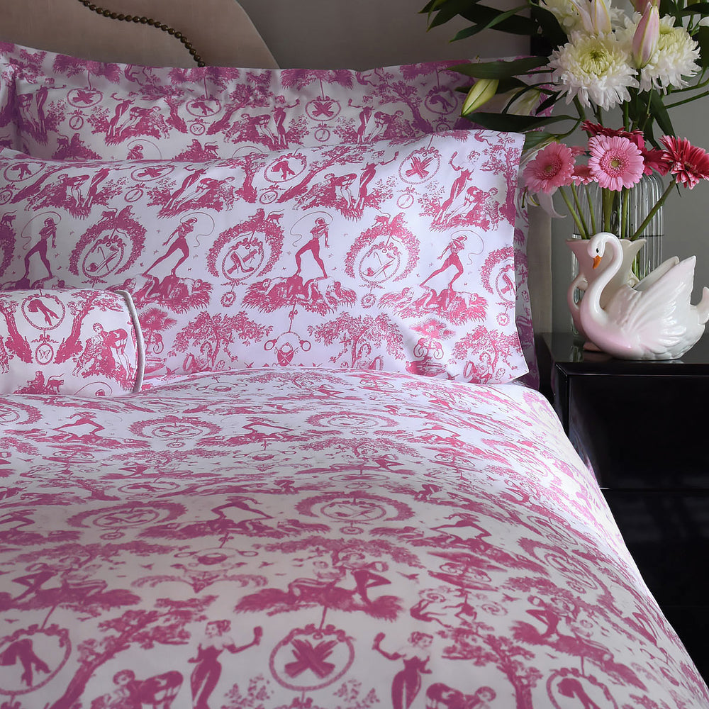 Pink toile bedding inspired by vintage designs