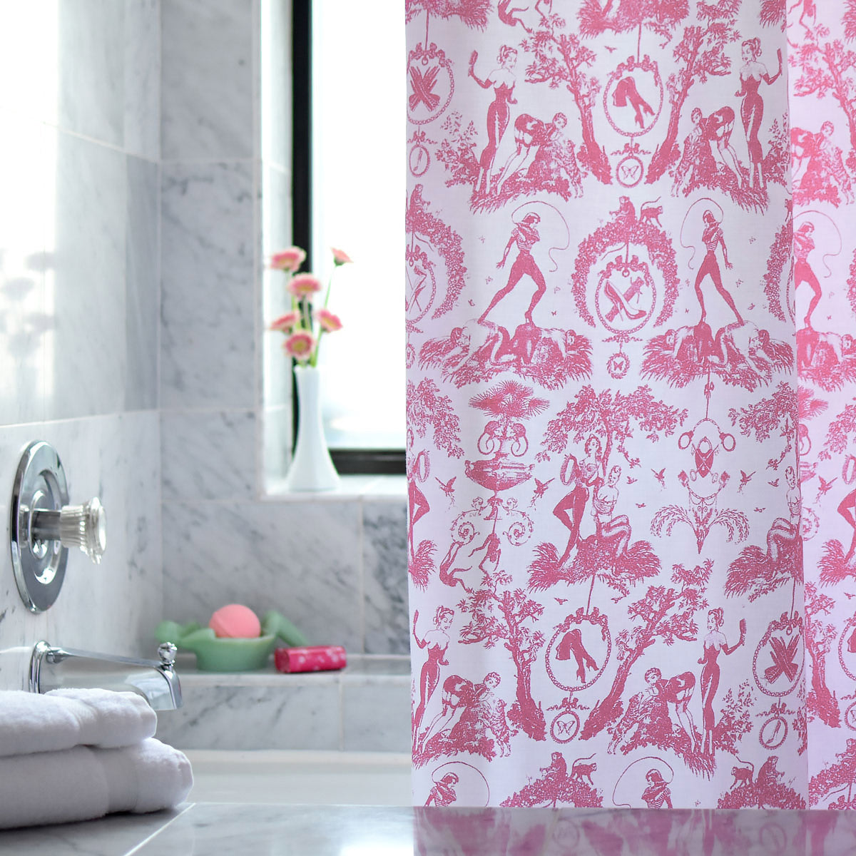 Pink toile patterned shower curtain