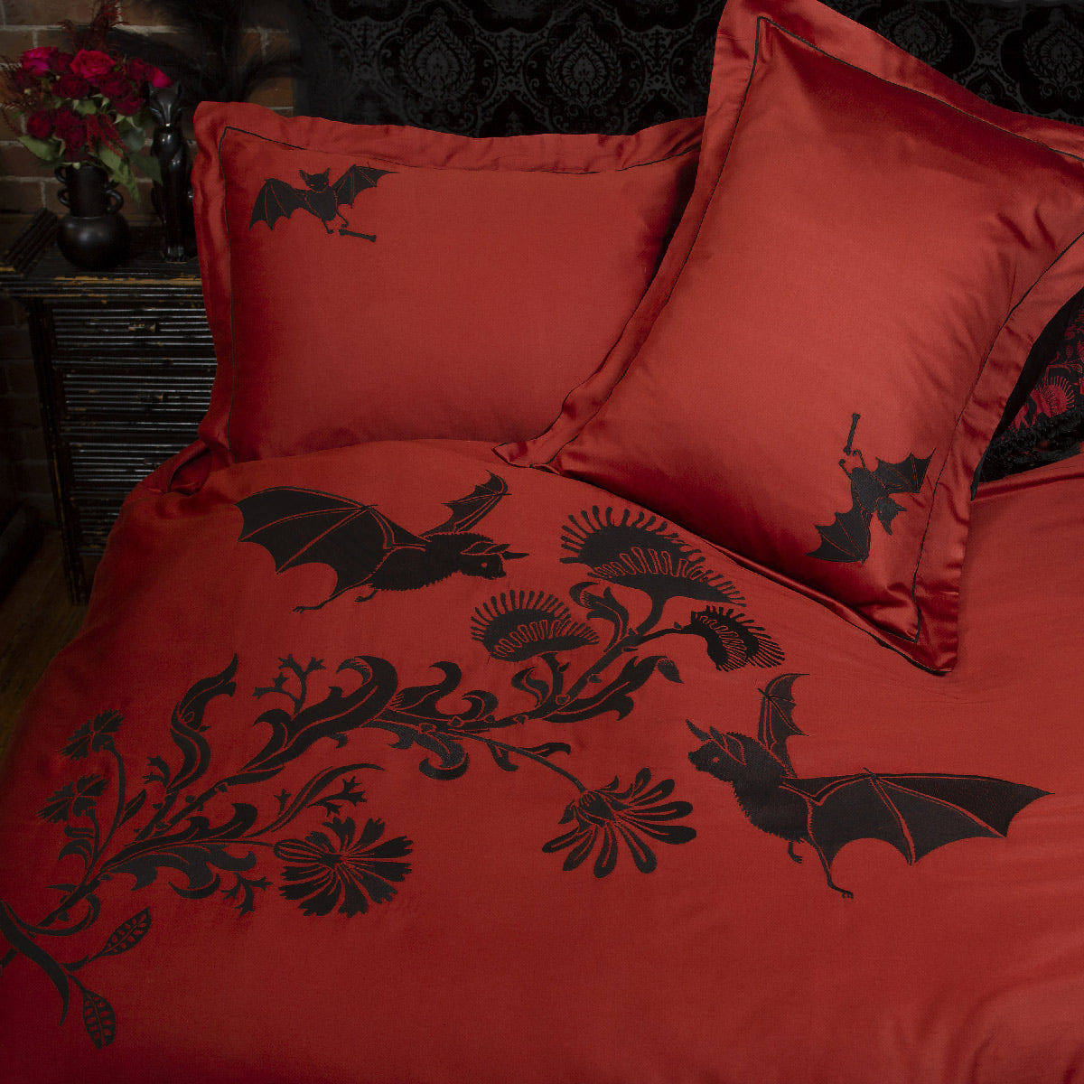 Night Flight Embroidery Pillow Shams - Scarlet