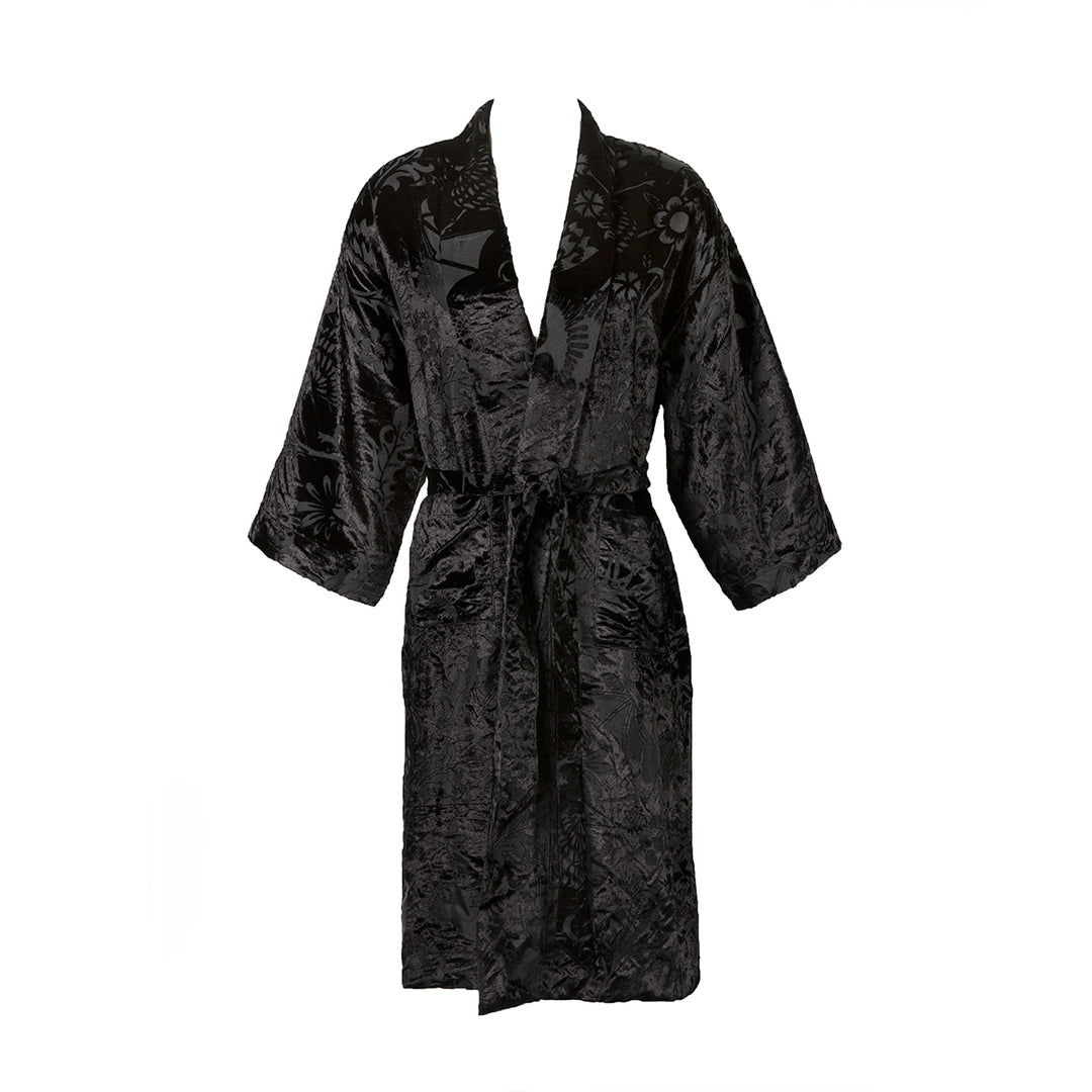 Black velvet robe with a gothic botanical patten featuring bats and venus fly traps