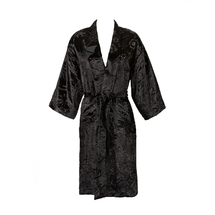 Black velvet robe with a gothic botanical patten featuring bats and venus fly traps
