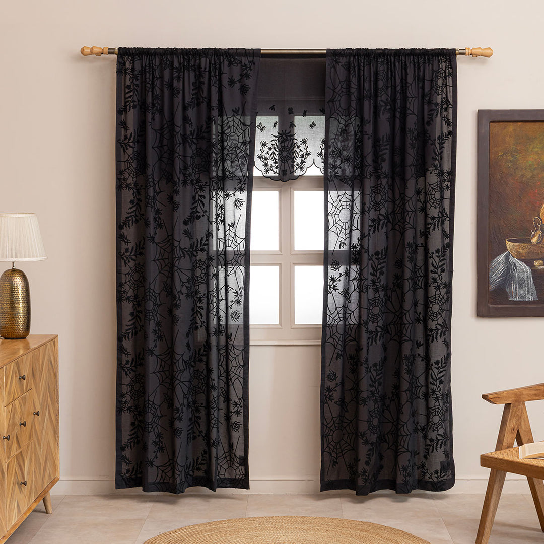 Black cotton window valance and curtains with black spider web cottagecore and whimsigoth embroidery.