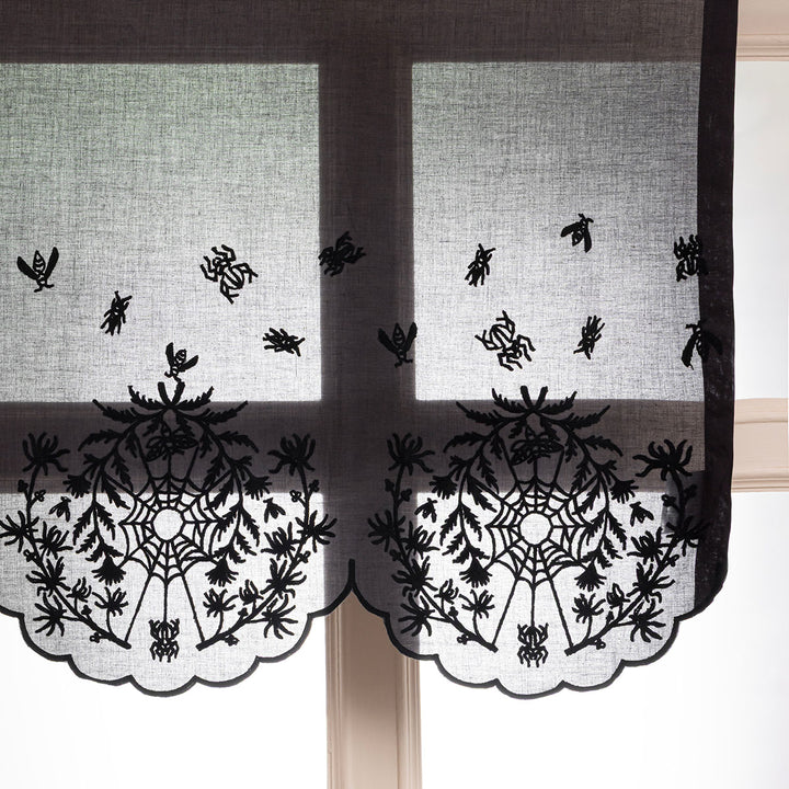 Black cotton window valance with black spider web cottagecore and whimsigoth embroidery.