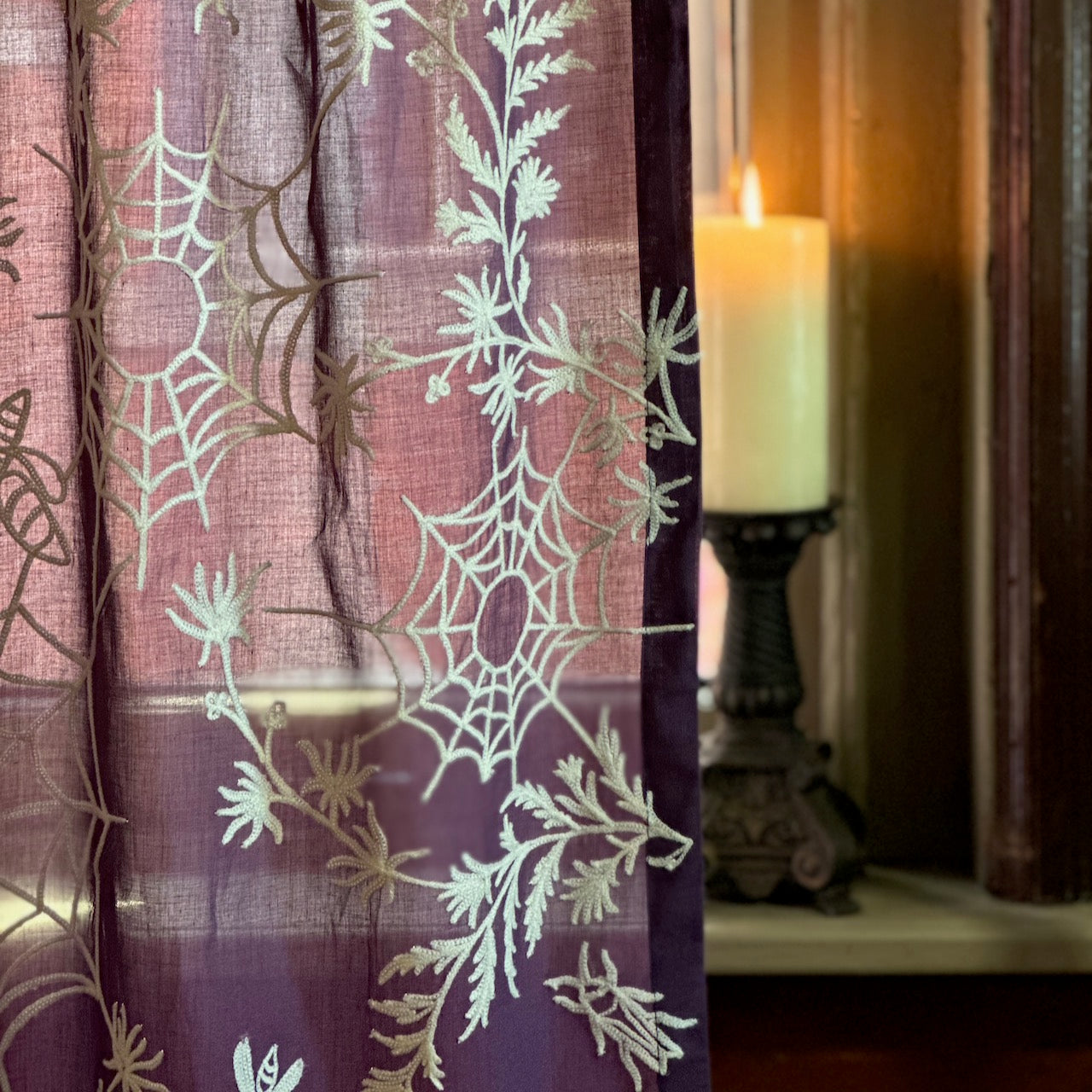 Spider Web Lace Curtain - Ivory on Purple