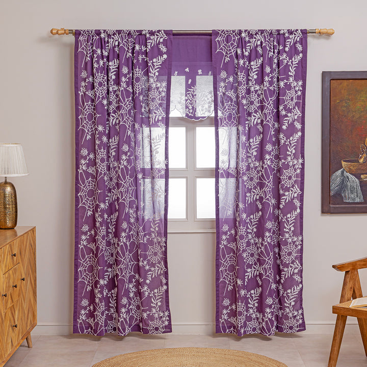 Purple cotton window valance and curtains with ivory spider web cottagecore and whimsigoth embroidery.