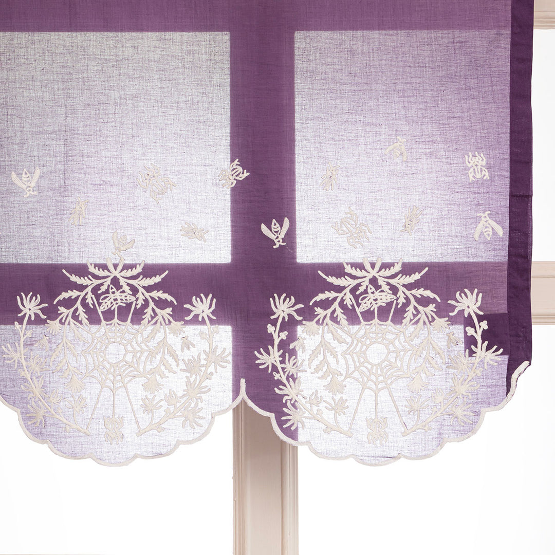 Purple cotton window valance and curtains with ivory spider web cottagecore and whimsigoth embroidery.