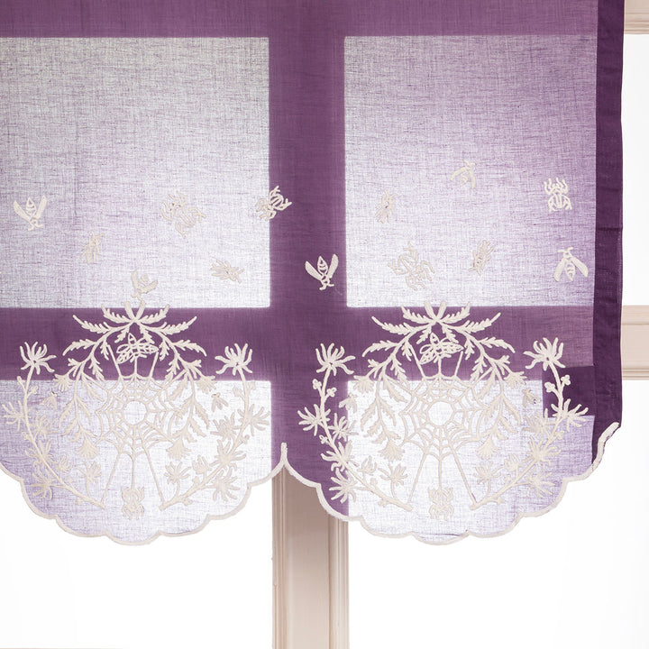 Purple cotton window valance and curtains with ivory spider web cottagecore and whimsigoth embroidery.