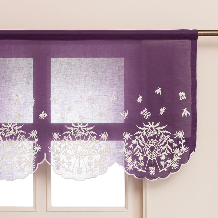 Purple cotton window valance and curtains with spider web cottagecore and whimsigoth embroidery.