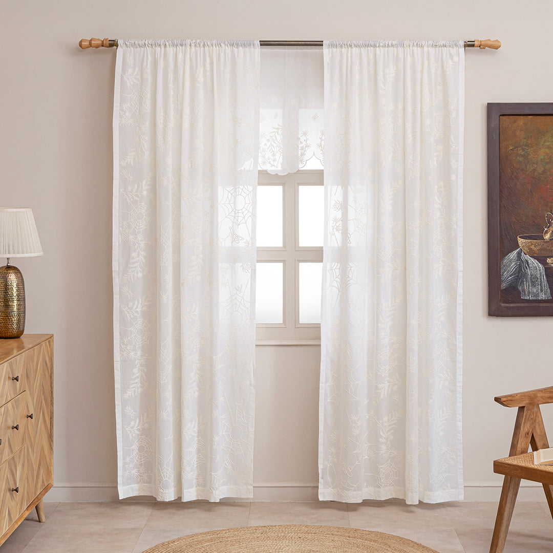 Ivory cotton window valance and curtains with ivory spider web cottagecore and whimsigoth embroidery.