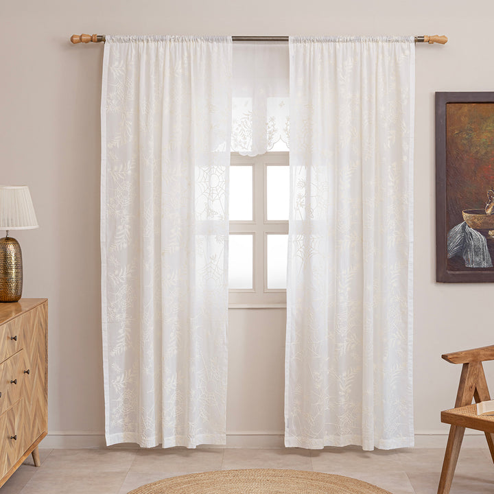 Ivory cotton window valance and curtains with ivory spider web cottagecore and whimsigoth embroidery.
