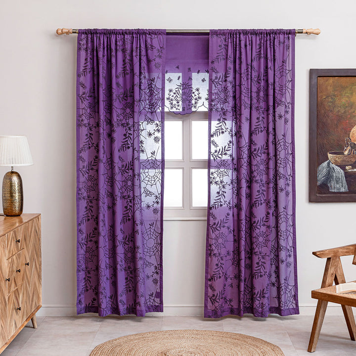 Purple cotton window valance and curtains with spider web cottagecore and whimsigoth embroidery.