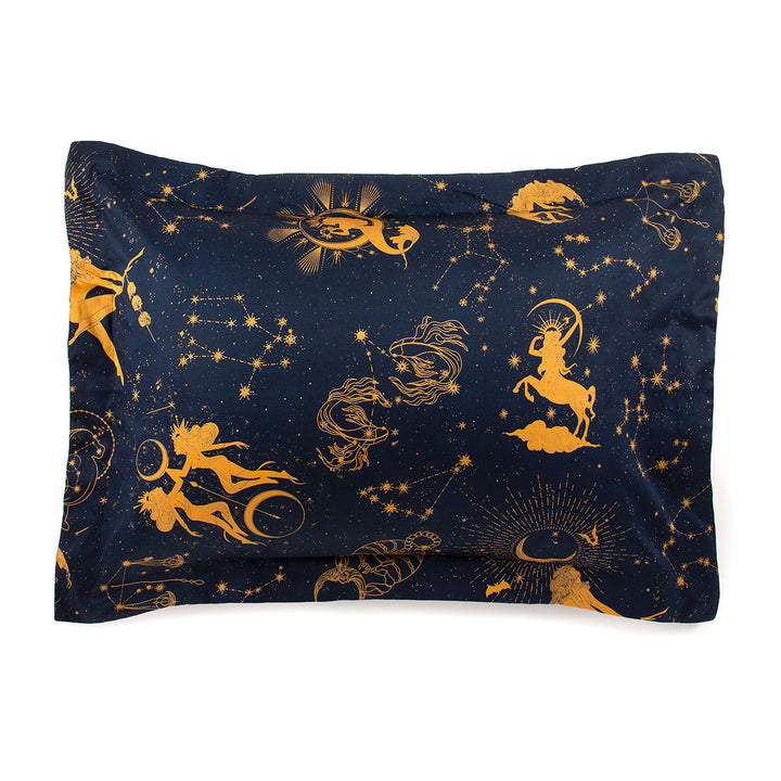 Navy blue pillowcase with gold zodiac designs on a white background