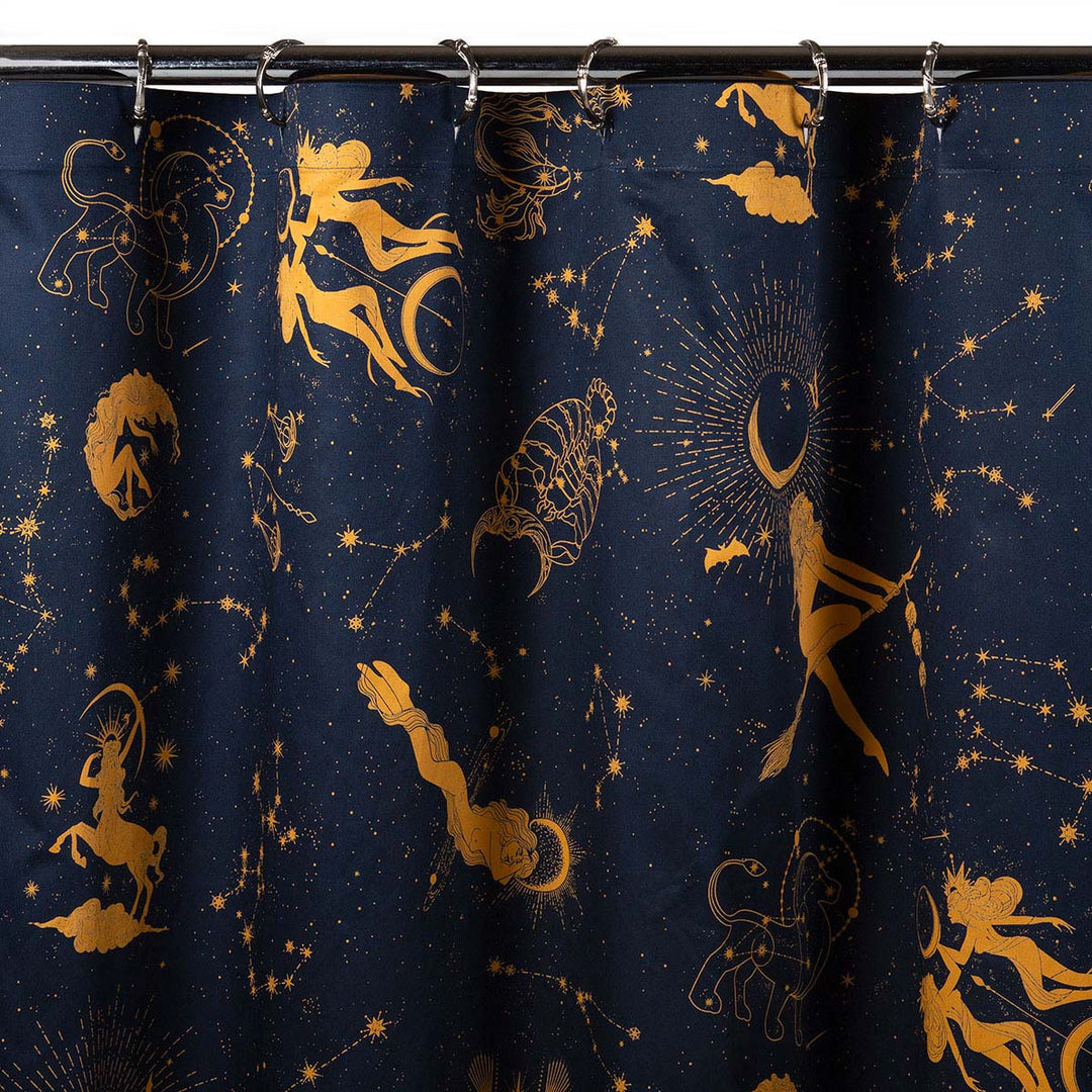 Celestial inspired navy blue shower curtain with golden zodiac symbols and goddesses. 