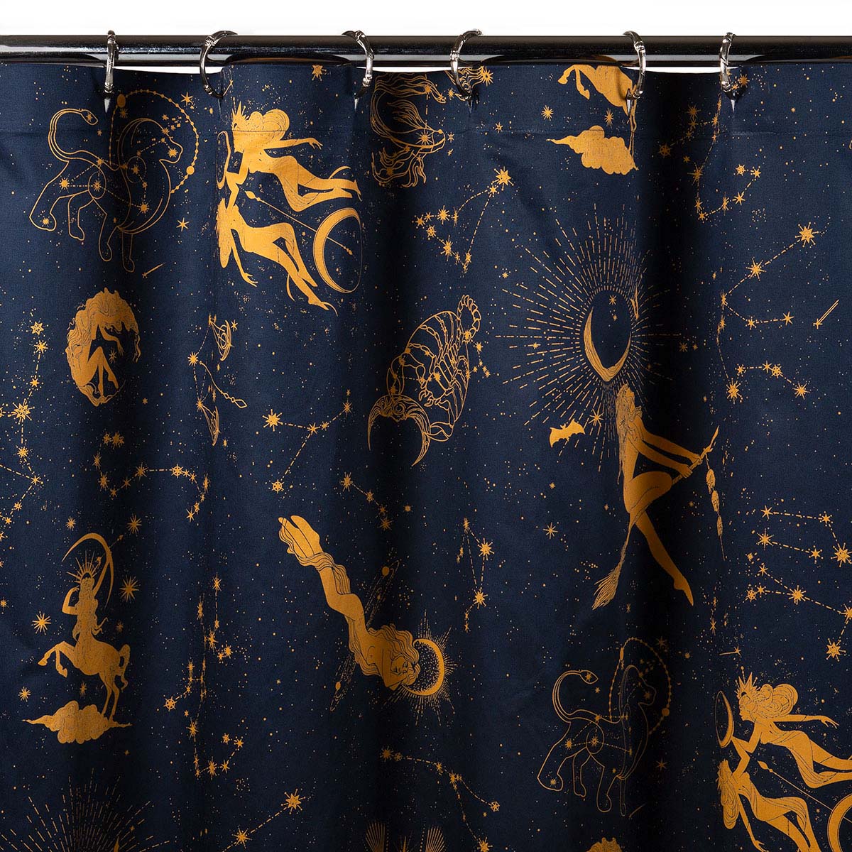 Celestial inspired navy blue shower curtain with golden zodiac symbols and goddesses. 