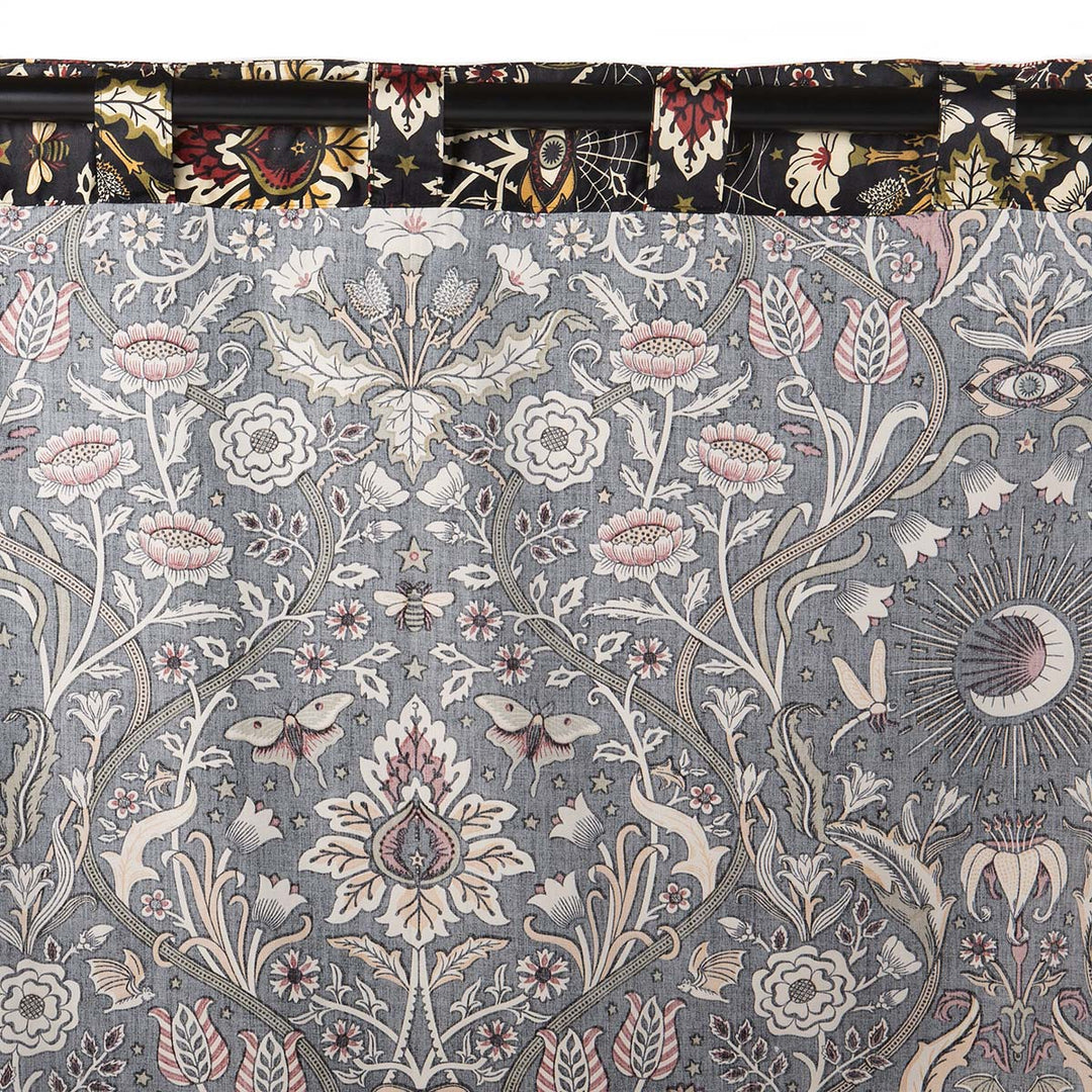 Back of the Gothic Botanical curtains in the pattern Night Garden Harvest by Sin in Linen. Features Burgundy and Moss colored accents. 