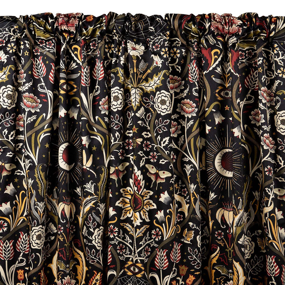 Gothic Botanical curtains in the pattern Night Garden Harvest by Sin in Linen. Features Burgundy and Moss colored accents. 