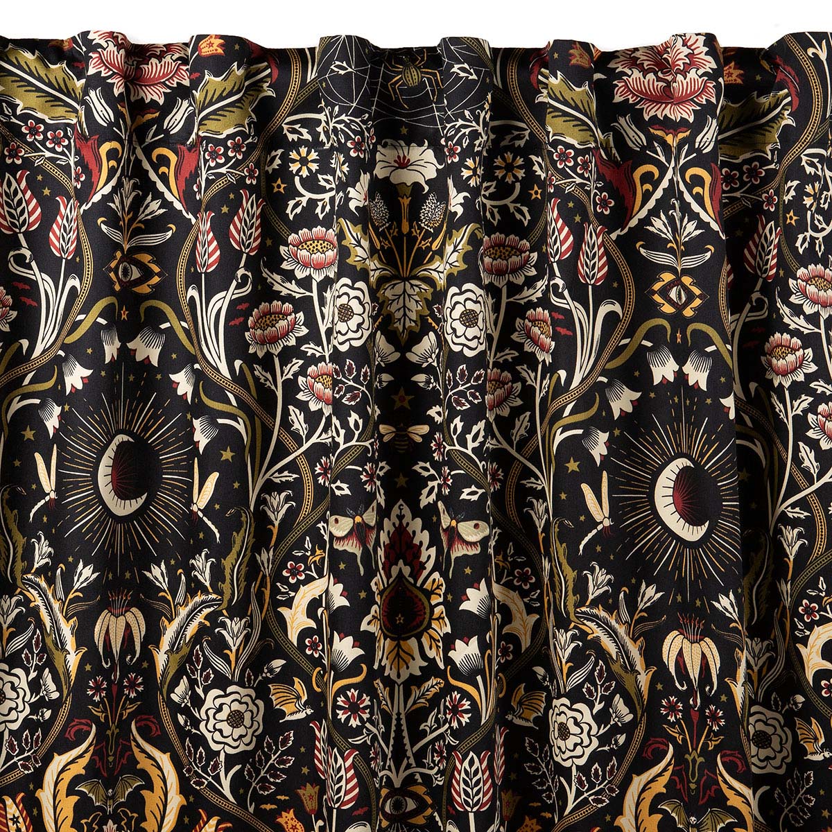 Gothic Botanical curtains in the pattern Night Garden Harvest by Sin in Linen. Features Burgundy and Moss colored accents. 