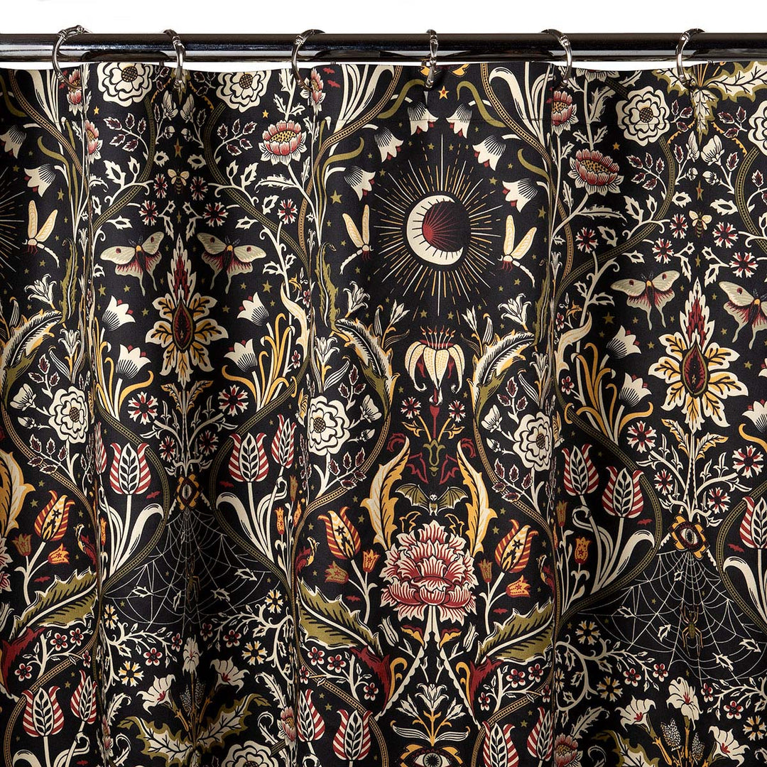 Gothic Botanical shower curtain in the pattern Night Garden Harvest by Sin in Linen. Features Burgundy and Moss colored accents. 