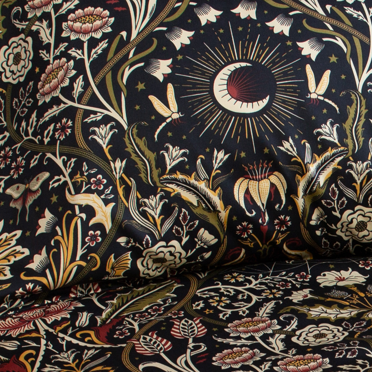 Gothic botanical pattern featuring moons, flowers, and spiderwebs. Whimsigoth bedding swatch. 