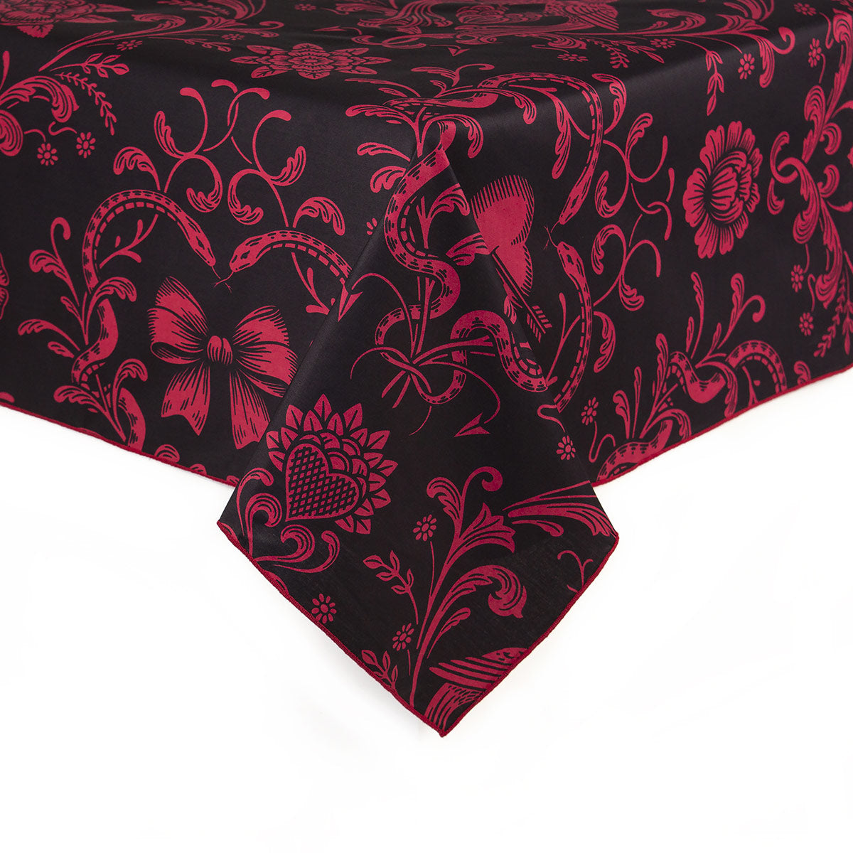 Vintage inspired damask patterned tablecloth in deep blush and black