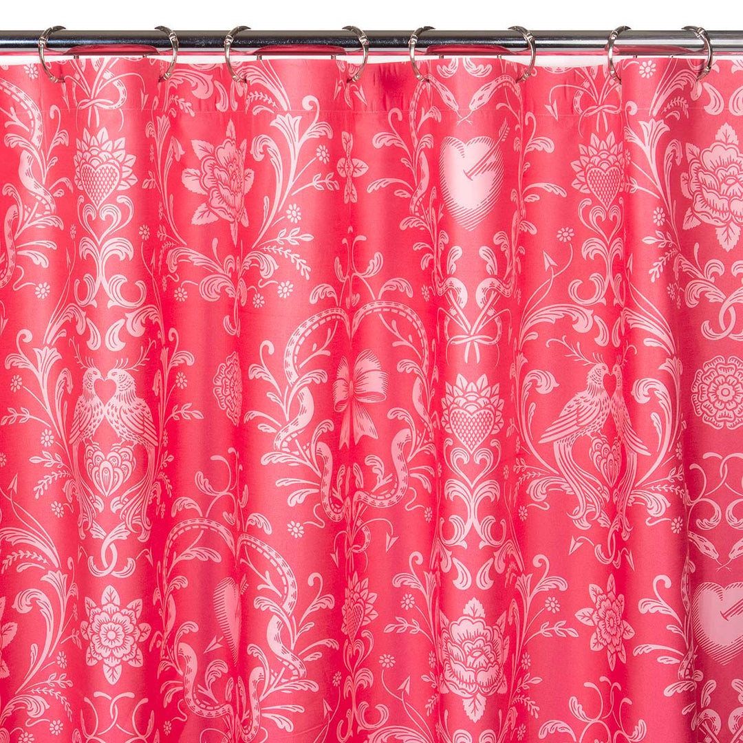 Love Bound in rose by Sin in Linen. A vintage inspired romantic print with bows, serpents, and love birds. 