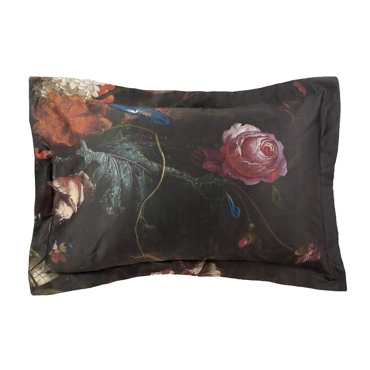 Gothic floral patterned sham on a white background. Pattern is done in a painterly style. 