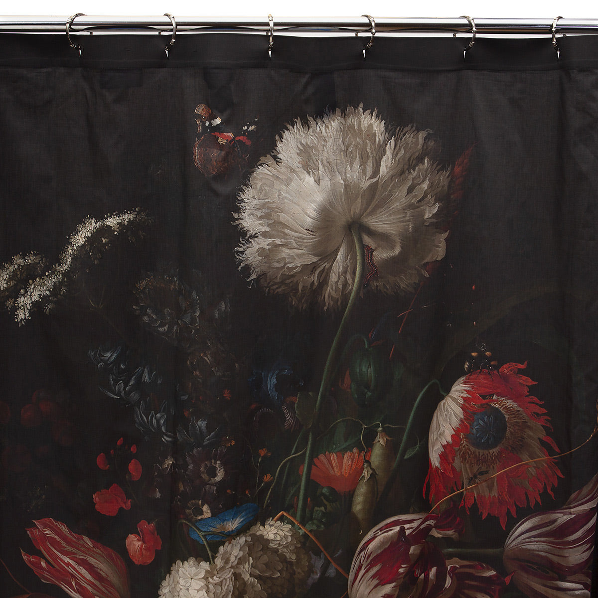 A Gothic Floral Shower Curtain inspired by 17th Century Dutch Painting on a white background. 
