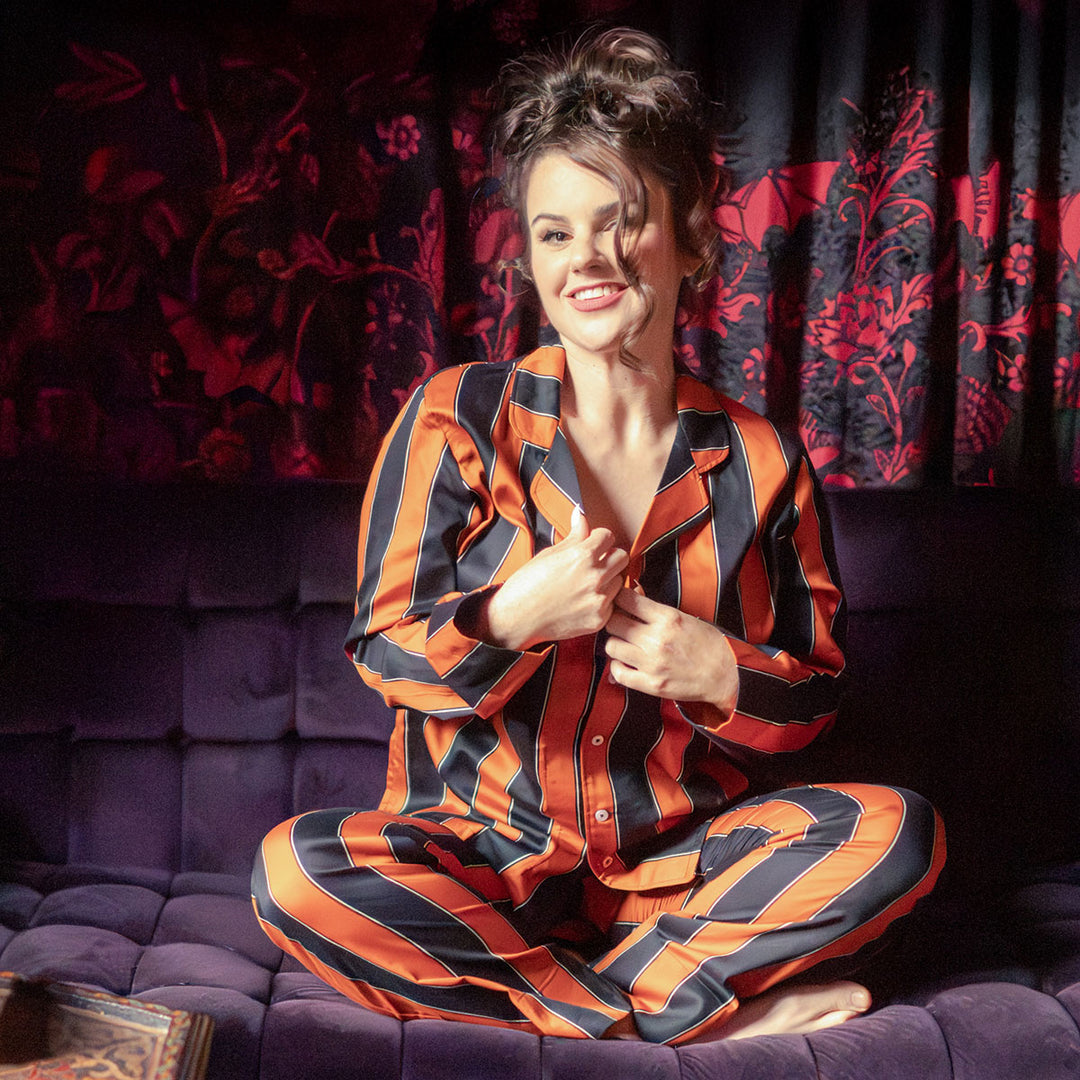 Orange and black stripe cotton pajamas by Sin in Linen. Gothic sleepwear.