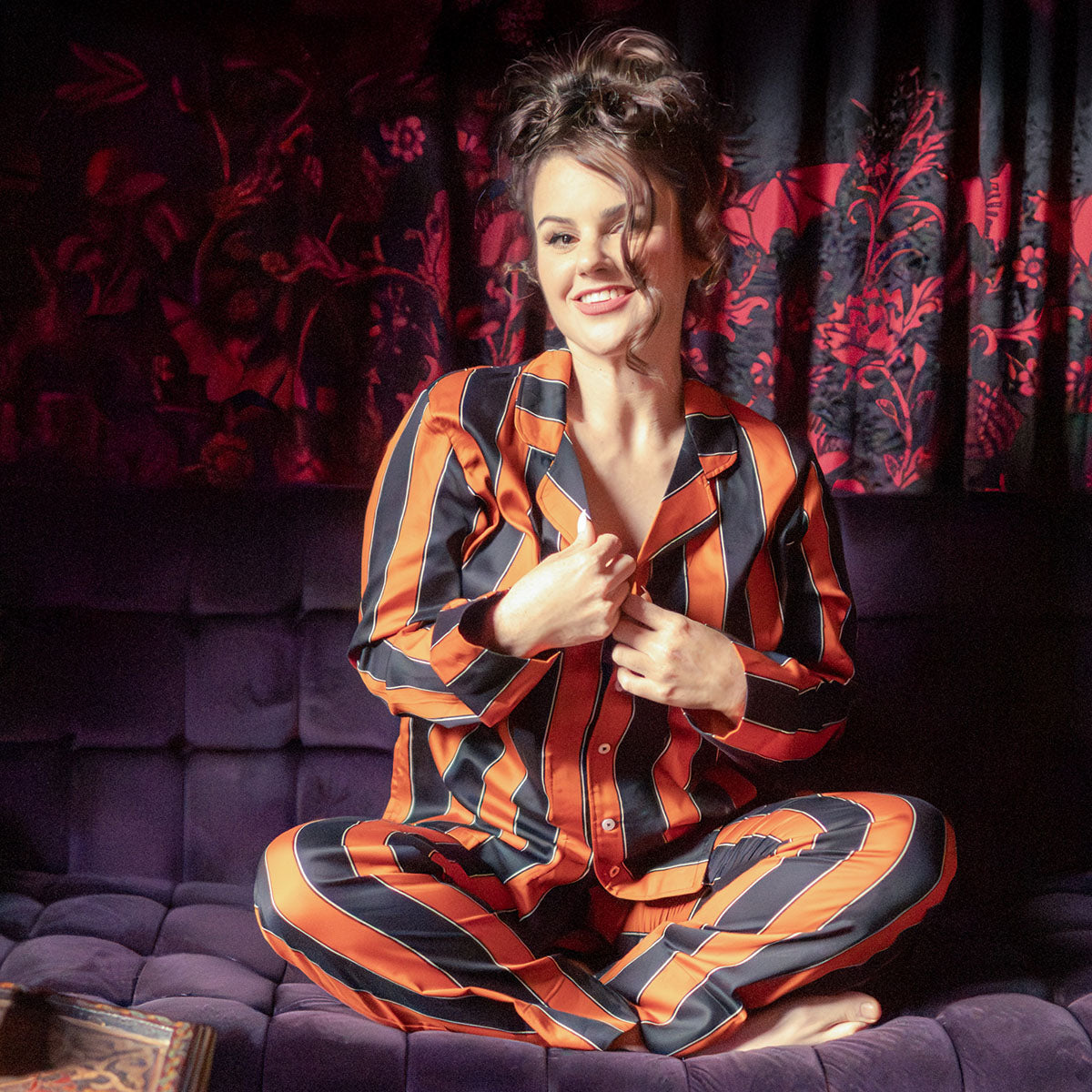 Orange and black stripe cotton pajamas by Sin in Linen. Gothic sleepwear.