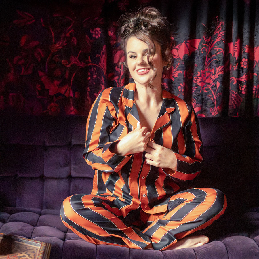 Orange and black stripe cotton pajamas by Sin in Linen. Gothic sleepwear.