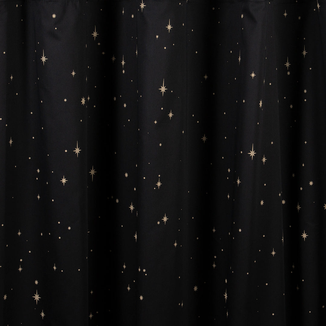 100% cotton celestial window curtains featuring a bronze star print. 
