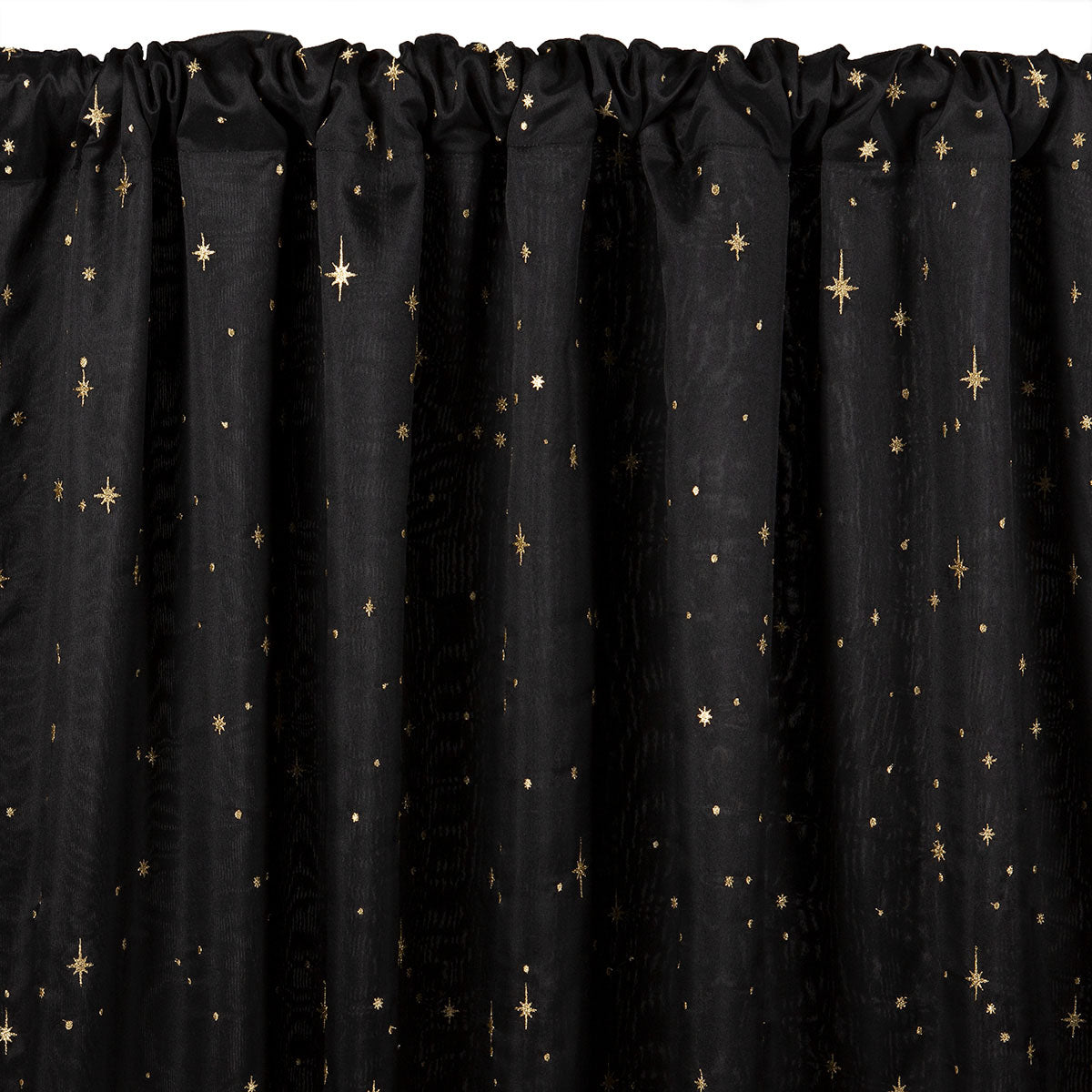 Black semi-sheer curtain with embroidered gold star pattern