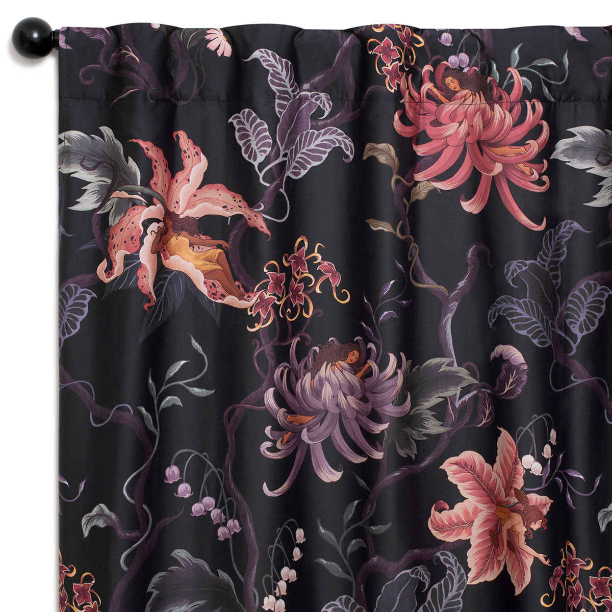 Romantic floral decor by Sin in Linen. Nymphs bloom out of flowers on a dark background on these fairy inspired curtains. Hues of lilac and rose abound. 