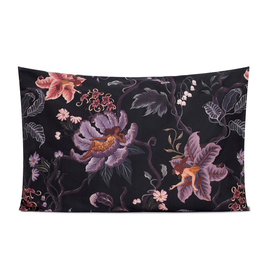 Romantic floral bedding by Sin in Linen. Nymphs bloom out of flowers on a dark background on these fairy inspired pillowcases & shams. Hues of lilac and rose abound. 