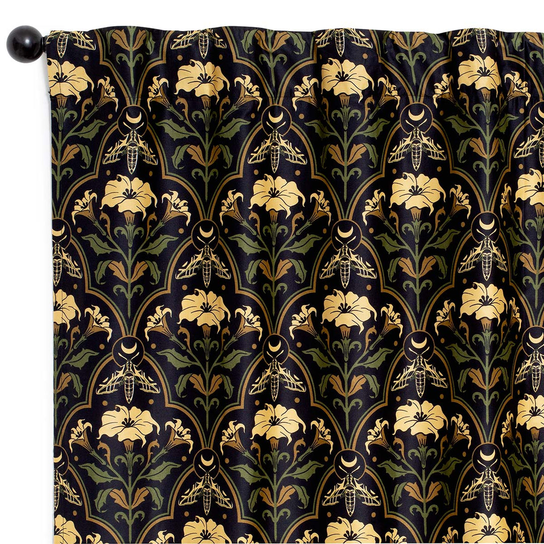 Datura Deco cotton curtains  by Sin in Linen on a white background. Gothic Botanical, witchy home decor featuring datura blooms, moths, and moons. 