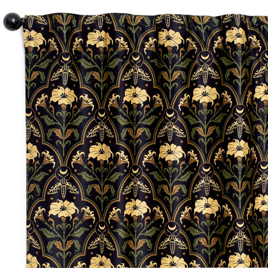 Datura Deco cotton curtains  by Sin in Linen on a white background. Gothic Botanical, witchy home decor featuring datura blooms, moths, and moons. 