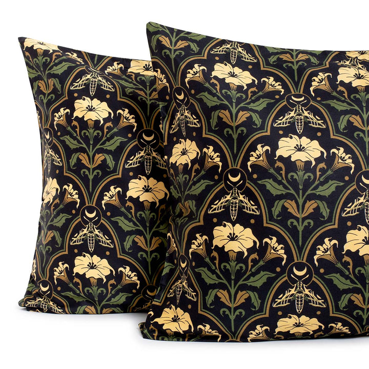Datura Deco pillowcases by Sin in Linen on a white background. Gothic Botanical, witchy pillowcases featuring datura blooms, moths, and moons. 