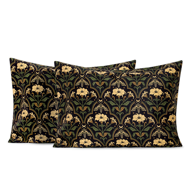 Datura Deco pillowcases by Sin in Linen on a white background. Gothic Botanical, witchy pillowcases featuring datura blooms, moths, and moons. 