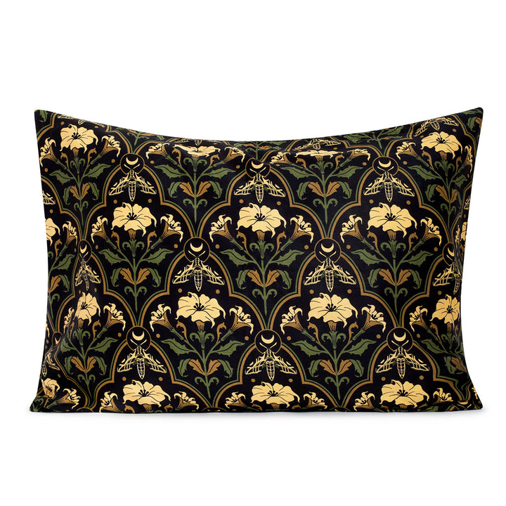 Datura Deco pillowcases by Sin in Linen on a white background. Gothic Botanical, witchy pillowcases featuring datura blooms, moths, and moons. 
