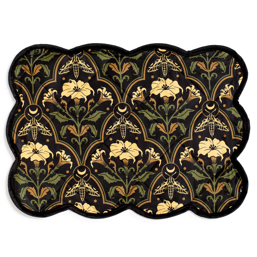 Datura Deco quilted placemat by Sin in Linen. Gothic Botanical table linens featuring datura blooms, moths, and moons. 
