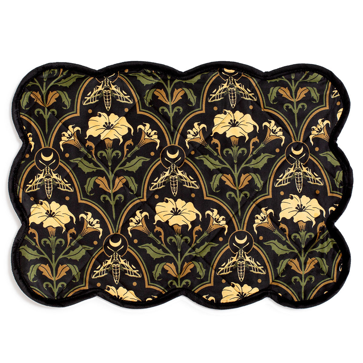 Datura Deco quilted placemat by Sin in Linen. Gothic Botanical table linens featuring datura blooms, moths, and moons. 