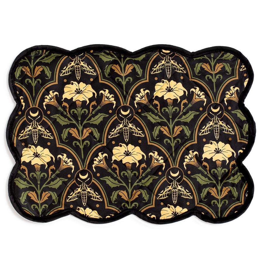 Datura Deco quilted placemat by Sin in Linen. Gothic Botanical table linens featuring datura blooms, moths, and moons. 