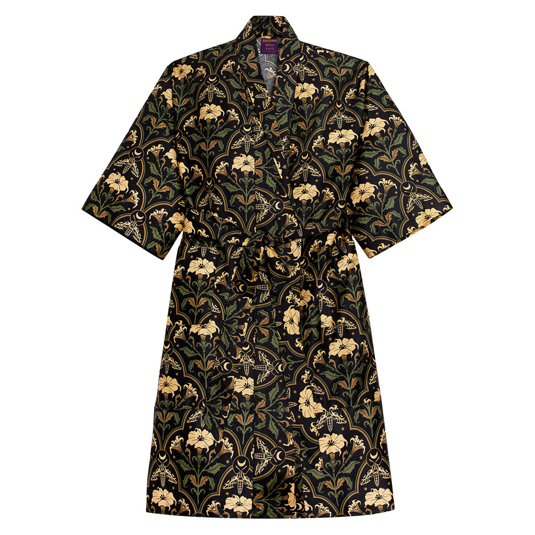 Datura Deco cotton robe by Sin in Linen. Gothic Botanical Sleepwear featuring datura blooms, moths, and moons.