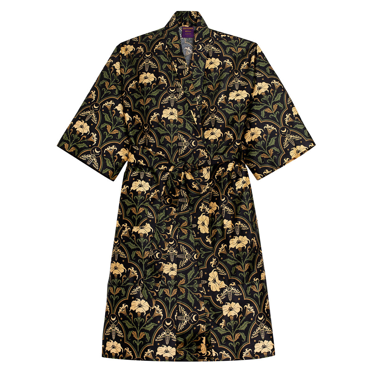 Datura Deco cotton robe by Sin in Linen. Gothic Botanical Sleepwear featuring datura blooms, moths, and moons.