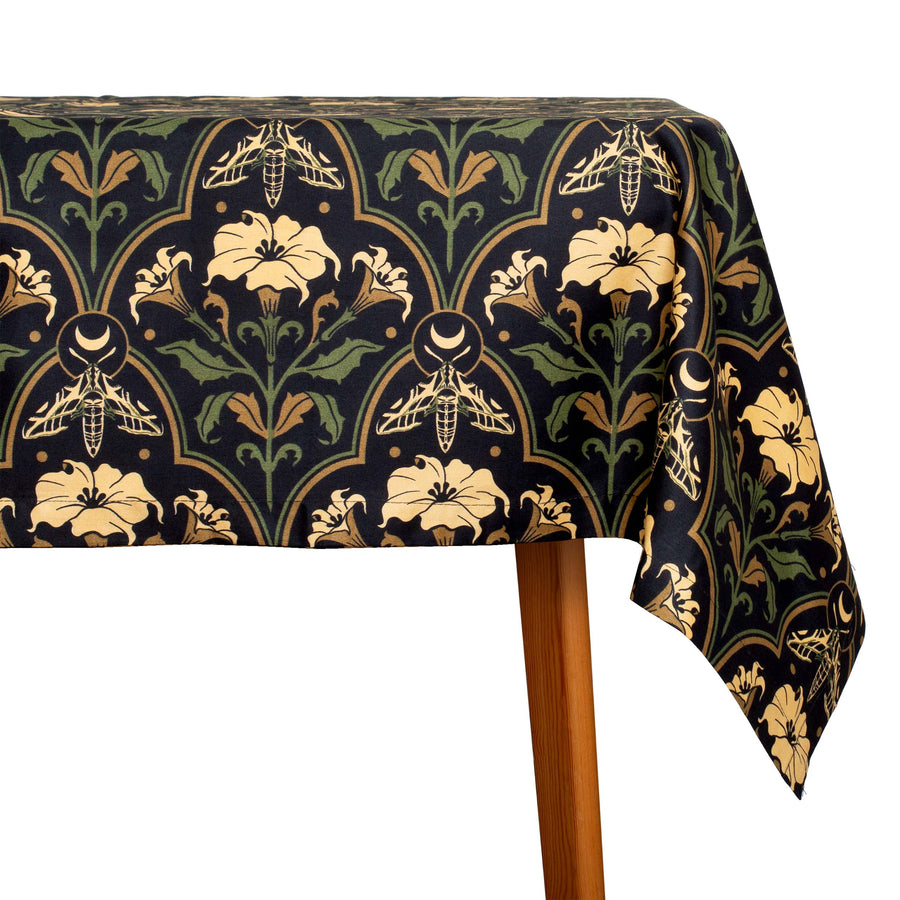 Datura Deco Tablecloth by Sin in Linen. Gothic Botanical home decor featuring datura blooms, moths, and moons. 